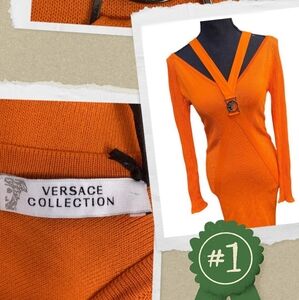 Versace Collection Bold Orange V-Neck Stretchy Sweater Dress